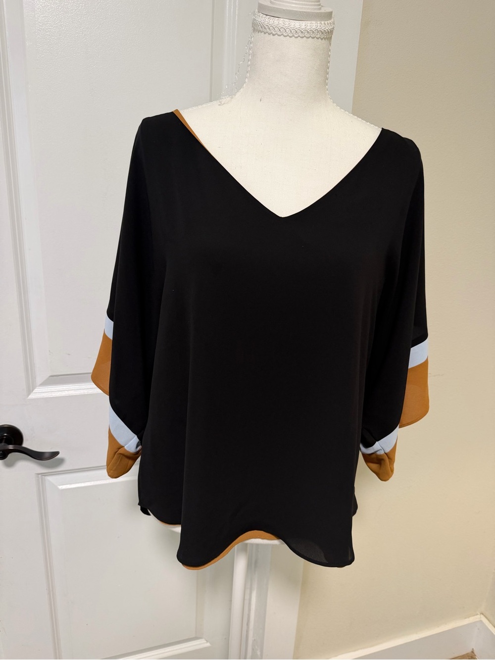 White House Black Market Black V-Neck Blouse with Tan and White Accents